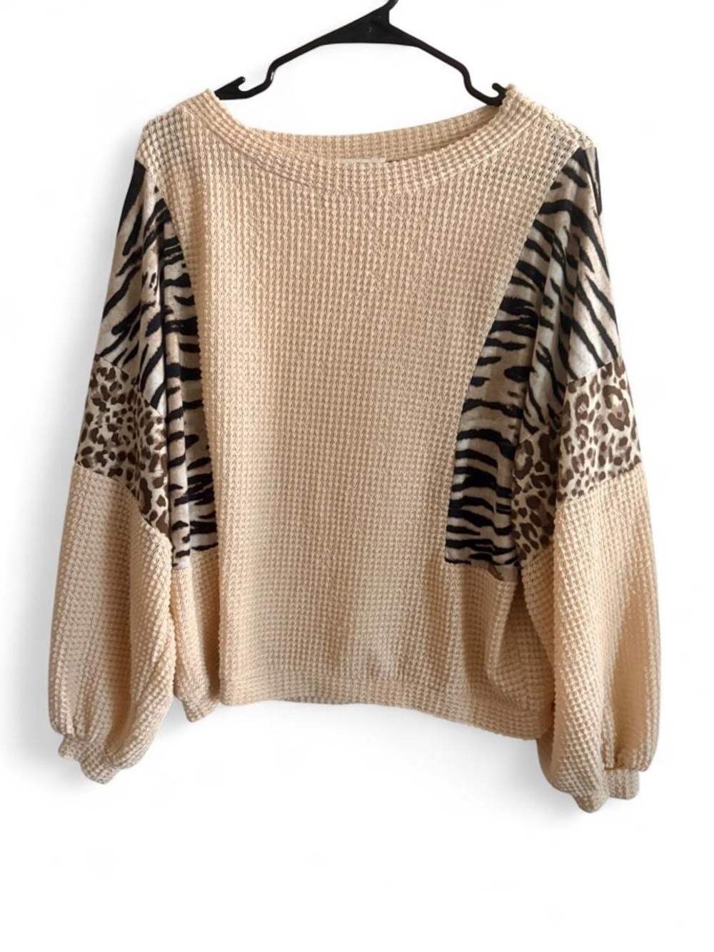 Cream Animal-Panel Waffle Knit Crewneck Sweater